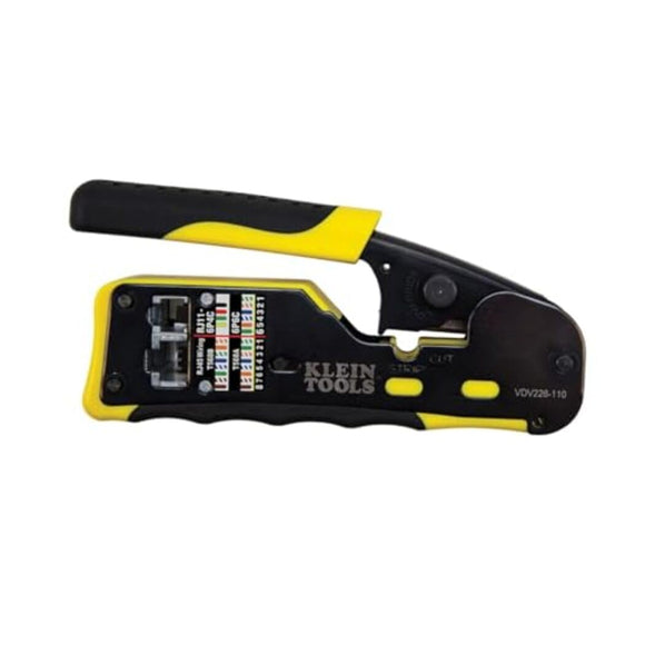 Klein Tools VDV226-110 crimpadora de cables de datos modulares de carraca / pelacables / cortador de cables para conectores RJ11/RJ12 estándar, RJ45 de paso