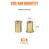 Keadic - 100 tuercas de remache M8 métricas chapadas en zinc, tuerca de remache de acero al carbono, kit de inserción roscada de cabeza plana, kit de remache roscado para muebles