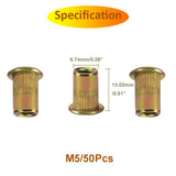 SCNUT - 50 tuercas de remache métricas M5 de acero al carbono, remache de cabeza plana, tuerca de inserción roscada para metal con cuerpo moleteado, tuerca chapada en zinc resistente