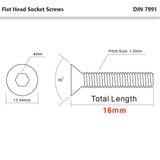 M6-1.0 Tornillos de cabeza plana, acero inoxidable A2-70, DIN 7991, llave Allen, M6 x 16mm (25 PCS)