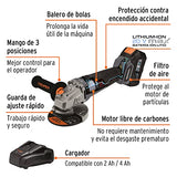 Truper Max MAX-20E, Esmeriladora angular inalámbrica 4-1/2", motor libre de carbones (brushless), 1 batería Ion Litio de 4 Ah, 20V