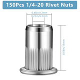 Worldity - Juego de 150 tuercas de remache de acero inoxidable de 1/4"-20, insertos roscados de cabeza plana con cuerpo moleteado para metal, tuercas de hardware duraderas para un cierre seguro