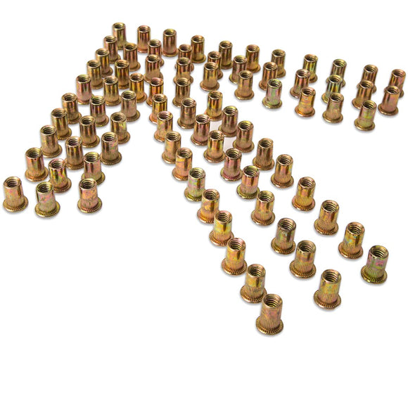 SCNUT - 50 tuercas de remache métricas M5 de acero al carbono, remache de cabeza plana, tuerca de inserción roscada para metal con cuerpo moleteado, tuerca chapada en zinc resistente