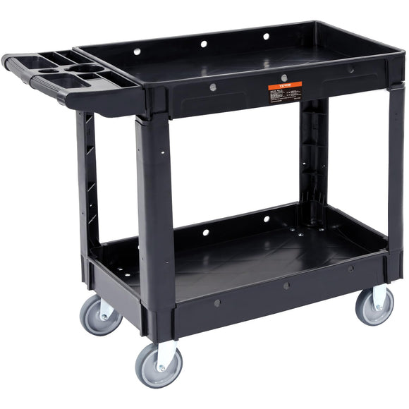 VEVOR Carro de servicio utilitario, 2 estantes de 550 libras de plástico resistente con ruedas giratorias de 360°, estante de labios medianos, mango de almacenamiento ergonómico para almacén, cochera,