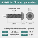 SUNXULIMI - Tornillos de cabeza de botón M3 x 20 mm, acero de aleación de grado 10.9, acabado de óxido negro, unidad hexagonal métrica Allen totalmente roscada, 50 unidades