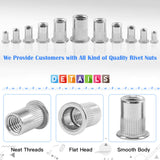 Glarks 180 piezas de acero inoxidable 304 M3 M4 M5 M6 M8 M10 tuerca de remache de cabeza plana con rosca