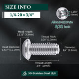 Tornillos de cabeza de botón de 1/4-20 x 3/4 pulgadas, acero inoxidable 304 18-8, accionamiento hexagonal Allen, acabado brillante, rosca completamente a máquina, paquete de 25