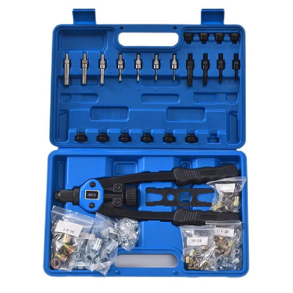 LSLANSOON Juego de herramientas de tuerca de remache, kit de herramientas de remache de 13 pulgadas con 11 mandriles métricos y SAE, kit surtido de tuercas de remache y estuche de transporte resistente