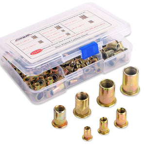 LOKMAN - (Kit de tuercas de remache 1): tuerca de remache, 175 piezas, kit de tuercas de remache métricas de acero al carbono, tuercas de inserción roscadas de cabeza plana, surtidas en M3, M4, M5, M6, M8, M10, M12, cuerpo moleteado (kit de tuercas de rem