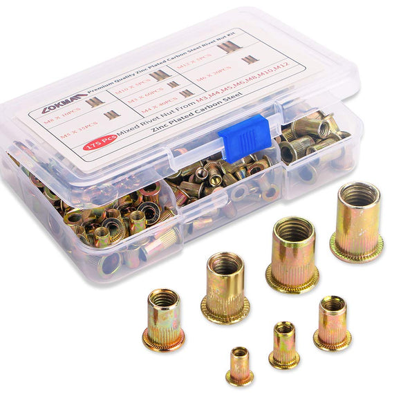 LOKMAN - (Kit de tuercas de remache 1): tuerca de remache, 175 piezas, kit de tuercas de remache métricas de acero al carbono, tuercas de inserción roscadas de cabeza plana, surtidas en M3, M4, M5, M6, M8, M10, M12, cuerpo moleteado (kit de tuercas de rem