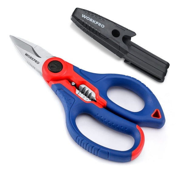 WORKPRO - Tijeras de acero inoxidable, tijeras de electricista profesional de 6.4 pulgadas con pelacables para cable suave (no aptas para uso en buceo)