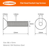 M6-Tornillos hexagonales de cabeza plana de 1.0 x 12 mm, tornillos avellanados, acero inoxidable 304, unidad de enchufe hexagonal métrica, totalmente roscada, acabado brillante, 50 unidades