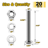 Mywish - Juego de 20 tornillos de 3/8, 3/8-16 x 2-1/2 pulgadas con cabeza de botón y tuercas con arandelas, pernos de acero inoxidable 304, unidad hexagonal Allen de 3/8 pernos, surtido de pernos