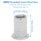 Qjaiune - 50 tuercas de remache roscadas de acero inoxidable M6, remaches de cabeza plana M6-1,0 mm, tornillos de tuerca moleteados, tuerca ciega