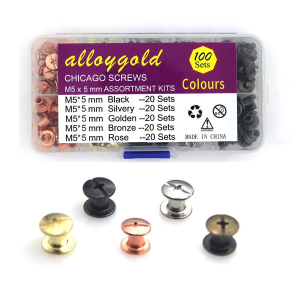 Alloygold 100 juegos de tornillos Chicago de 3/16 pulgadas, 5 colores de piel, remaches de tornillo, botones de tornillo Chicago para bricolaje, adornos de piel, negro, plata, oro, cobre, oro rosa (M5 x 5)
