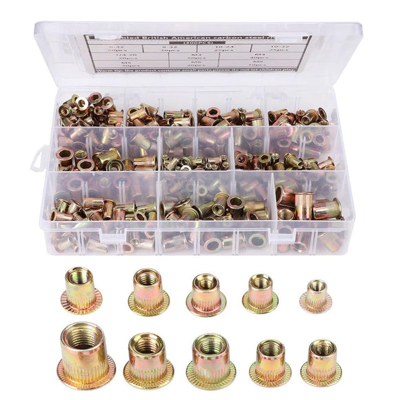 Longzhuo 300PCS Tuerca de remache, kit de tuercas de remache métricas de acero al carbono,tuercas de remache de acero al carbono con cabeza plana roscada