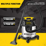 Stanley Aspiradora en seco y húmedo de 4 galones, soplador de aspiradora 3 en 1 de Acero Inoxidable HP de 4 Picos con Potente succión, para Lugar de Trabajo, cochera, sótano, Modelo: SL18301-4B