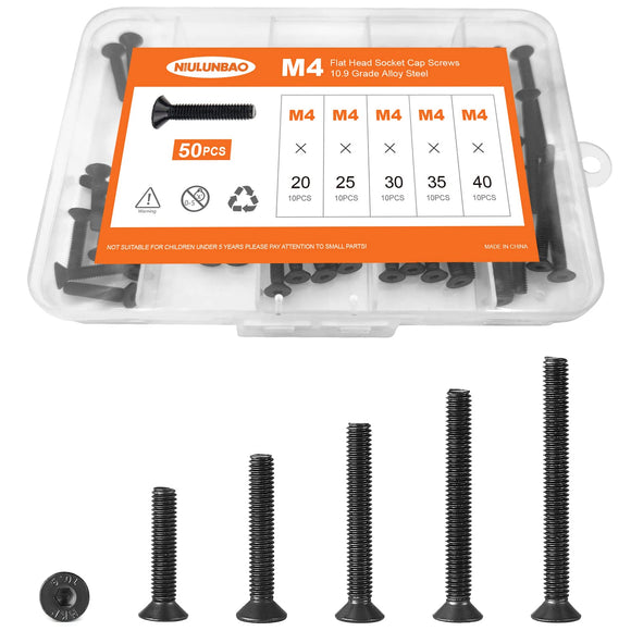 M4 x 20 mm, 25 mm, 30 mm, 35 mm, 40 mm, tornillos de cabeza plana avellanados, acero de aleación de grado 10.9, acabado de óxido negro, unidad hexagonal Allen, métrico totalmente roscado, kit surtido 50 unidades