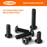 NIULUNBAO - Tornillos de cabeza de botón M4 x 8 mm, 10 mm, 12 mm, 16 mm, 20 mm, tornillos de cabeza de botón, acero de aleación de grado 10.9 métrico, acabado de óxido negro, unidad hexagonal Allen, totalmente roscada, kit surtido de 100 unidades