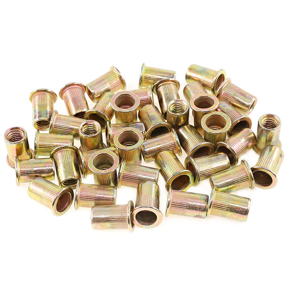 Keadic - 100 tuercas de remache M8 métricas chapadas en zinc, tuerca de remache de acero al carbono, kit de inserción roscada de cabeza plana, kit de remache roscado para muebles