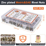 Kit de surtido de tuercas de remache métricas y SAE, M3-M12#6-32#8-32#10-24 1/4"-20 5/16"-18 3/8"-16 Rivnuts de acero al carbono Tuerca de inserción roscada de cabeza plana