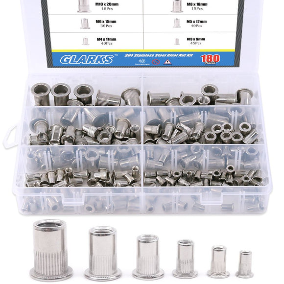 Glarks 180 piezas de acero inoxidable 304 M3 M4 M5 M6 M8 M10 tuerca de remache de cabeza plana con rosca