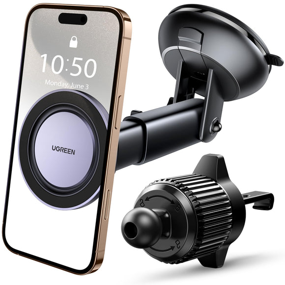 UGREEN Soporte Celular Automóvil MagSafe Multifuncional 3 en 1, Porta Auto Magnética con Gancho y Ventosa para Ventilación Tablero, para iPhone 16 15 14 13 Pro MAX y Todos los Celulares