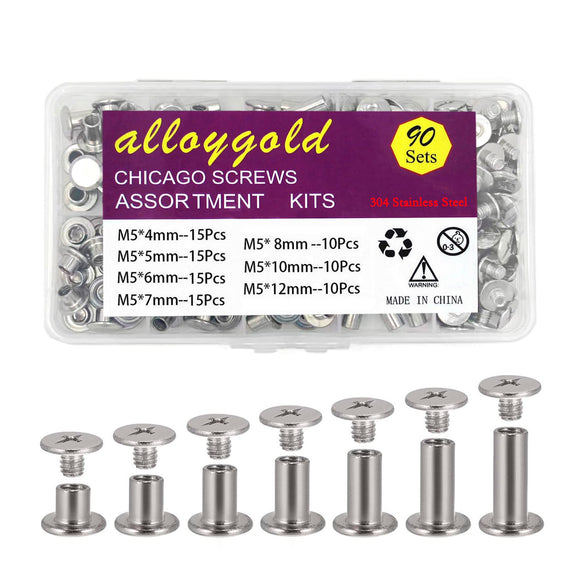 Alloygold - Juego de 90 tornillos de acero inoxidable 304 de acero inoxidable Chicago surtido de piel, 7 tamaños de remaches de tornillo para remache de piel para manualidades de piel y encuadernación