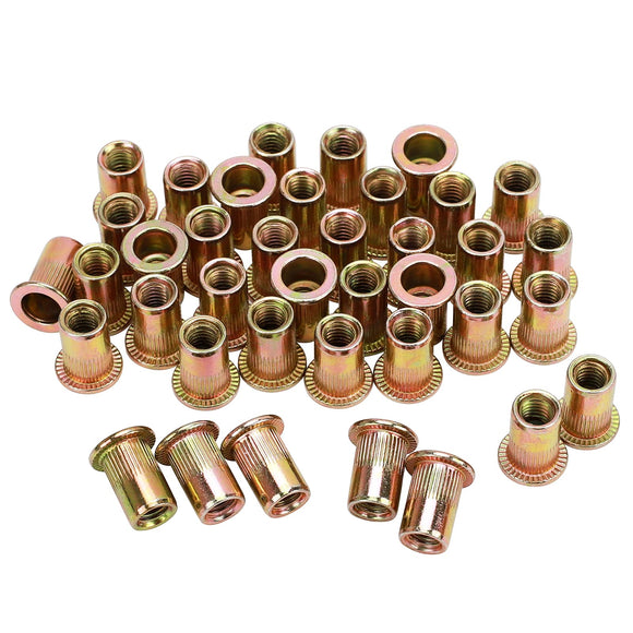 PRECIHW - Juego de 100 tuercas de remache de acero al carbono, 1/4 a 20 UNC, tuercas de inserción roscadas con cuerpo moleteado para automóvil, muebles, decoración (acabado chapado en zinc)