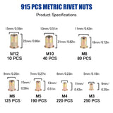 Juego de 915 tuercas de remache métricas roscadas surtidas, M3, M4, M5, M6, M8, M10, M12, tuercas de acero al carbono chapadas en zinc, kit de tuercas de remache