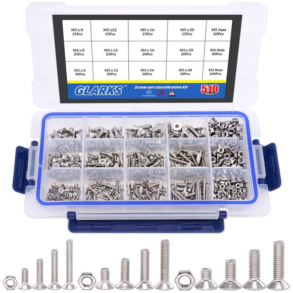 Glarks - Juego de tornillos de cabeza plana avellanada M3 M4 M5 304 de acero inoxidable, 510 unidades, juego surtido de tornillos de tuercas, accionamiento hexagonal Allen