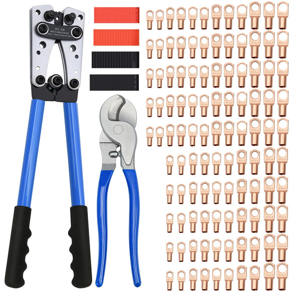 Herramienta de prensado de lengüetas de cable con 170 lengüetas de alambre de cobre, herramienta de prensado de alambre para crimpadora eléctrica AWG 10-1/0, con cortador de cables, 210 tubos