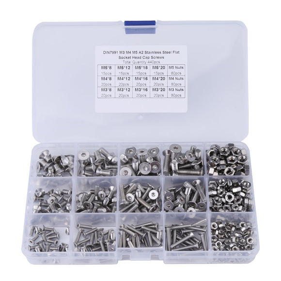 Paquete de 440 piezas M3 M4 M5 Tornillos hexagonales de cabeza plana y tuercas hexagonales para el kit de surtido de sujetadores de máquinas