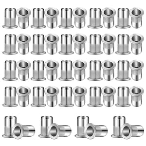 Worldity - Juego de 150 tuercas de remache de acero inoxidable de 1/4"-20, insertos roscados de cabeza plana con cuerpo moleteado para metal, tuercas de hardware duraderas para un cierre seguro