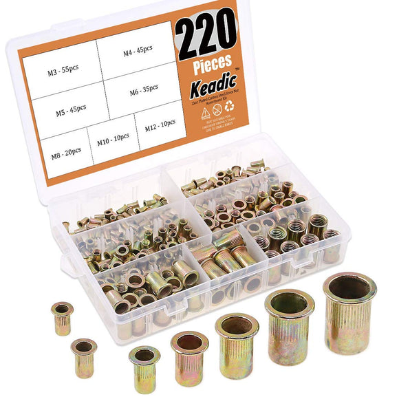 Keadic - Juego de 220 tuercas de remache métricas de acero al carbono, chapado en zinc, cabeza plana, tuerca roscada, 7 tamaños: M3 M4 M5 M6 M8 M10 M12