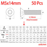 Tornillos de cabeza plana M5-0,8 x 14 mm, acero inoxidable 18-8 (304), acabado brillante, accionamiento de enchufe Allen, tornillos de máquina de tornillos hexagonales interiores, 50 unidades
