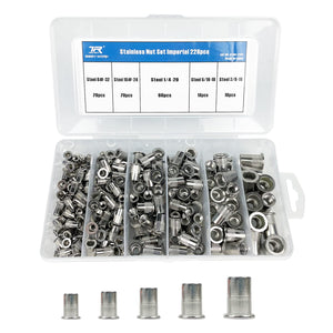 Juego de 228 tuercas de remache de acero inoxidable, surtido de tuercas de remache SAE UNC 8#-32, 10#-24, 1/4"-20, 5/16"-18, 3/8"-16, tuerca de remache roscada de cabeza plana, kit surtido de tuercas de remache