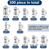 Vifmy - Kit de surtido de tuercas de remache métricas y SAE (300 unidades), M3 M4 M5 M6 M8 M10 M12#8-32#10-24 1/4"-20 5/16"-18 3/8"-16 304 de acero inoxidable UNUNUNC A UNUNC Head Nutsert