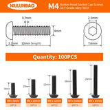 NIULUNBAO - Tornillos de cabeza de botón M4 x 8 mm, 10 mm, 12 mm, 16 mm, 20 mm, tornillos de cabeza de botón, acero de aleación de grado 10.9 métrico, acabado de óxido negro, unidad hexagonal Allen, totalmente roscada, kit surtido de 100 unidades