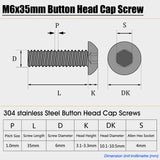 Tornillos de cabeza de botón M6 x 35 mm, 30 piezas M6-1.0 x 35 mm, tapón de rosca de cabeza de botón, secado de máquina de acero inoxidable 304, accionamiento de enchufe Allen, rosca completa, acabado