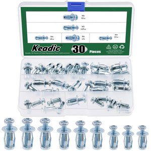 Keadic - 60 tuercas M4 M5 M6 Molly Jack con tornillos, kit surtido de tuercas de pétalos de acero, brida grande, tuerca de expansión corta, tuerca de expansión de cabeza plana, tuerca de inserción