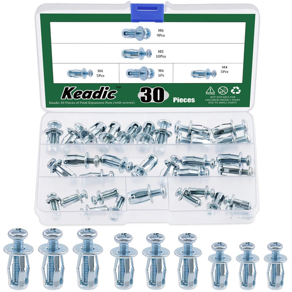 Keadic - 60 tuercas M4 M5 M6 Molly Jack con tornillos, kit surtido de tuercas de pétalos de acero, brida grande, tuerca de expansión corta, tuerca de expansión de cabeza plana, tuerca de inserción