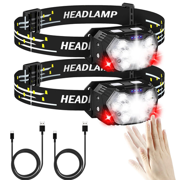 GuDoQi Lampara de Cabeza 2 Piezas, 2000 Lumens 9 LEDs Linterna Frontal de Detección Inteligente, Recargable por Type C, 7 Modos de Luz, Impermeable para Campismo, Senderismo, Ciclismo, Pesca, Correr