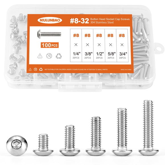 NIULUNBAO #8-32 x 1/4 pulgadas, 3/8 pulgadas, 1/2 pulgadas, 5/8 pulgadas, 3/4 pulgadas, tornillos de cabeza de botón de acero inoxidable 304, unidad hexagonal Allen, acabado brillante de máquina, kit