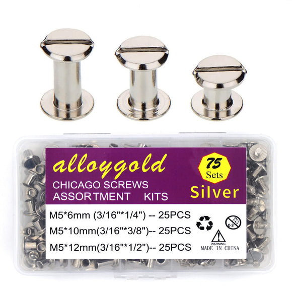 ALLOYGOLD - Juego de 75 tornillos Chicago plateados de 1/4 3/8 1/2 de piel, kit surtido de 3 tamaños de remaches de tornillo para remache de piel para manualidades de piel y encuadernación (M5 x 6, 10, 12)