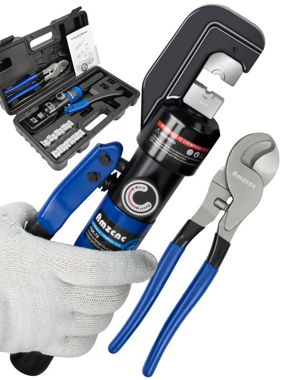 AMZCNC - Herramienta de prensado hidráulico y cortador de cables, crimpadora hidráulica de lengüetas de cable 8 toneladas de EE. UU. 12 AWG a 00 (2/0) kit de herramientas de cable de terminal