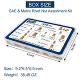 Vifmy - Kit de surtido de tuercas de remache métricas y SAE (420 unidades), m3 m4 m5 m6 m8 m10 m12#6-32#8-32#10-24 1/4"-20 5/16"-18 3/8"-16 UN. C Flat Head Rivnut Juego de tuercas de acero al carbono