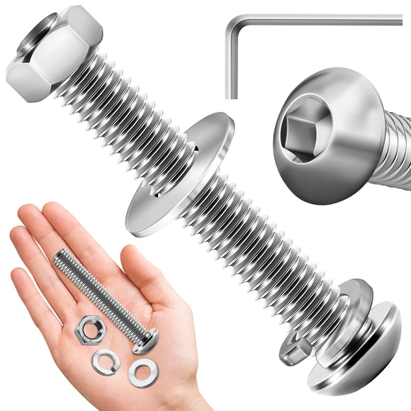Mywish - Juego de 20 tornillos de 3/8, 3/8-16 x 2-1/2 pulgadas con cabeza de botón y tuercas con arandelas, pernos de acero inoxidable 304, unidad hexagonal Allen de 3/8 pernos, surtido de pernos