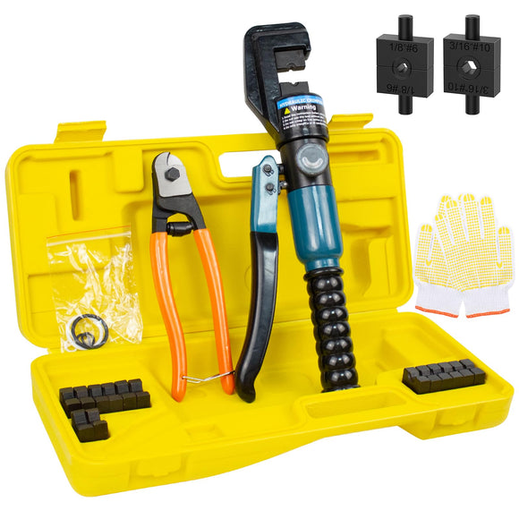 BLIKA - Herramienta de prensado hidráulica de 10 toneladas y cortador de cables, herramienta de prensado de terminales de cable de batería de cable hidráulico con 11 troqueles, herramienta de