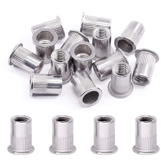 Swpeet - Juego de 20 tuercas de remache estriado de acero inoxidable 304 de 3/8 a 40,6 cm de cabeza plana roscada para automoción, muebles, decoración